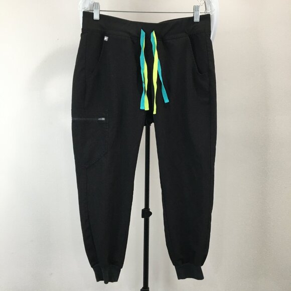 FIGS Petite Black Zamora Zip Pocket Drawstring Pull On Waist Scrubs Jogger Pant - Picture 1 of 15